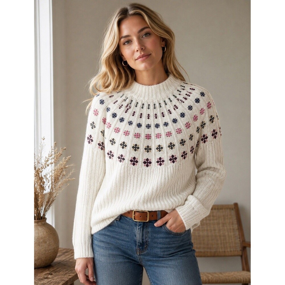 Boden Embroidered Alpaca Bl Sweater Cream Fair Isle Floral Mockneck Cozy Knit 14